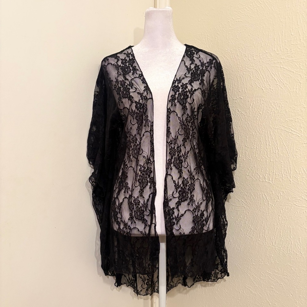 Black Floral Lace Kimono Open Front Sheer Cardigan Duster Whimsigoth Boho L